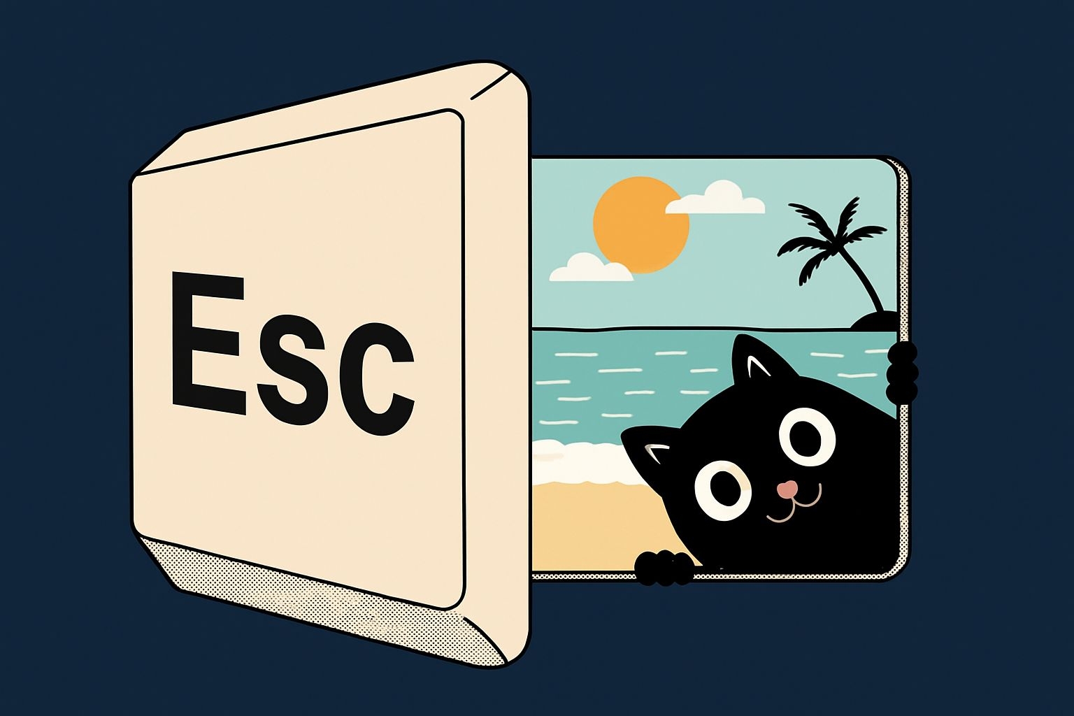 Playful Cartoon Esc Key with Beach Scene and Curious Cat Poster