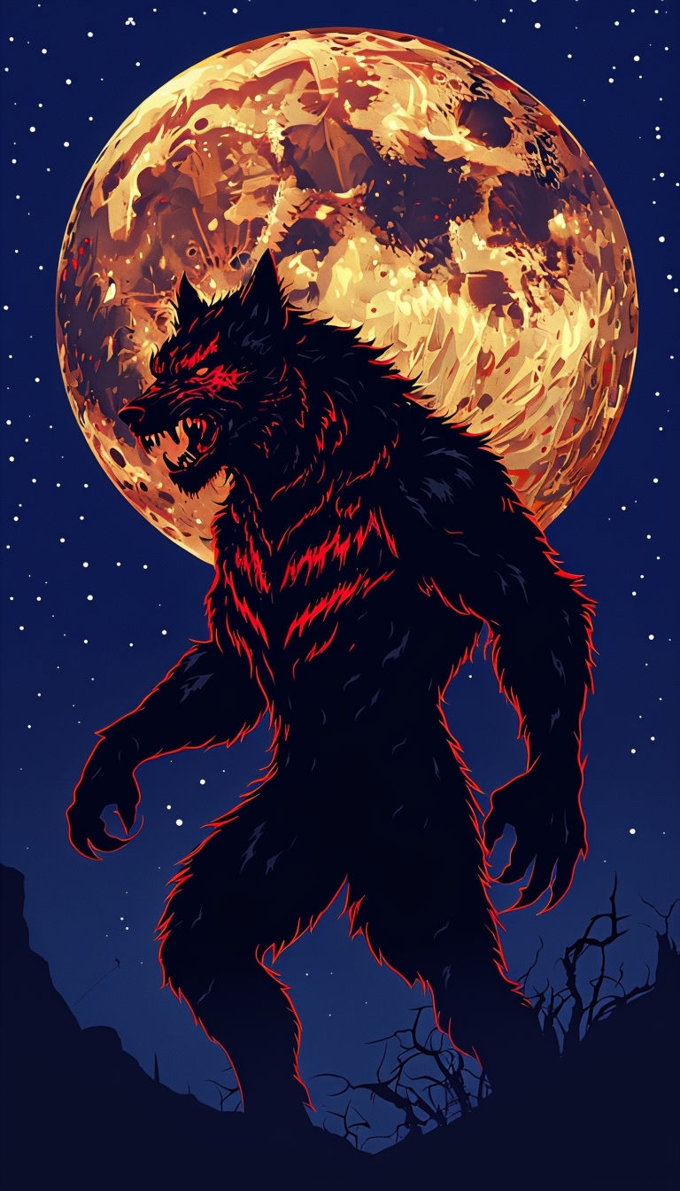 Menacing Werewolf Silhouette Under Full Moon Mobile Wallpaper