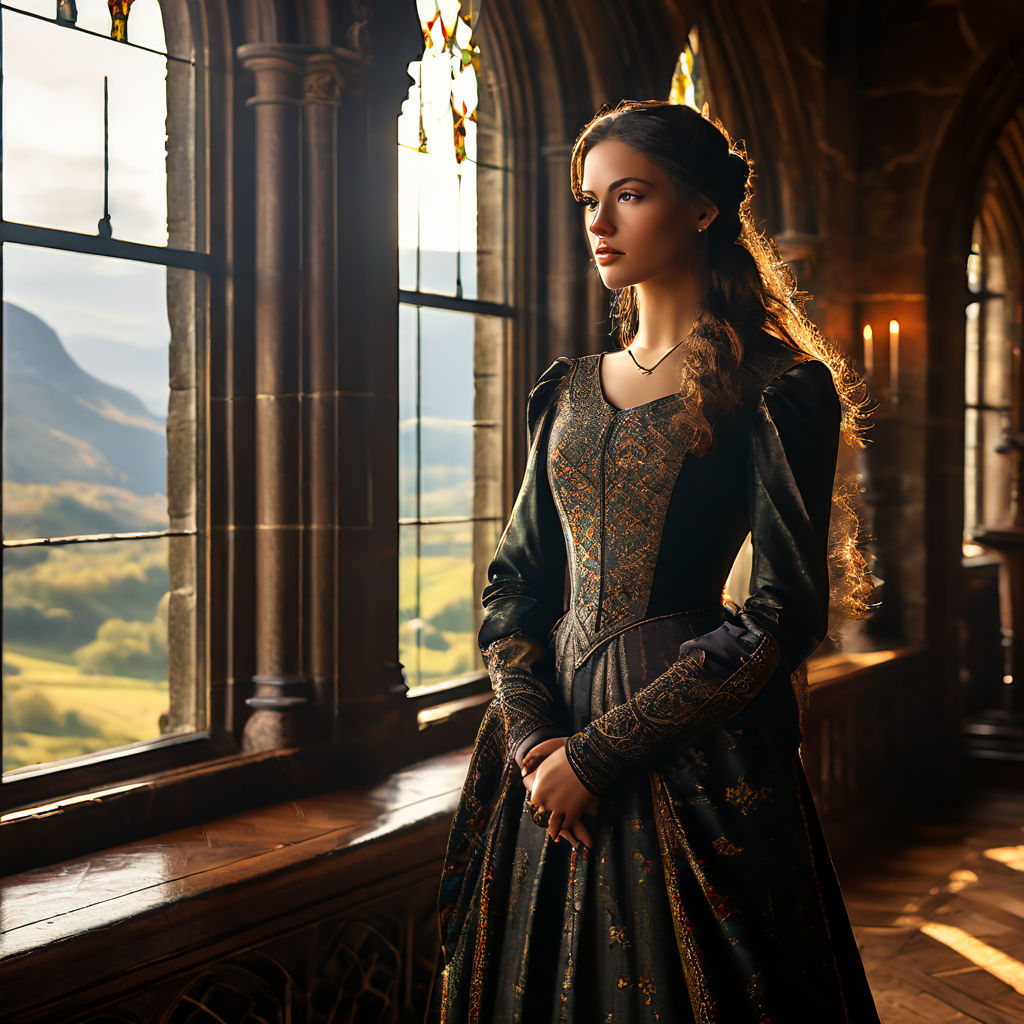 Medieval attire-clad lady standing regally in the grand hall... by Fin ...