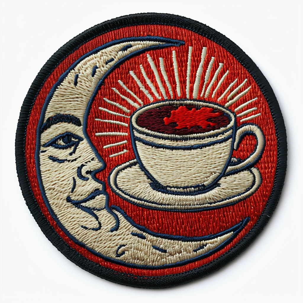 Vibrant Coffee Cup and Crescent Moon Embroidered Hat Design