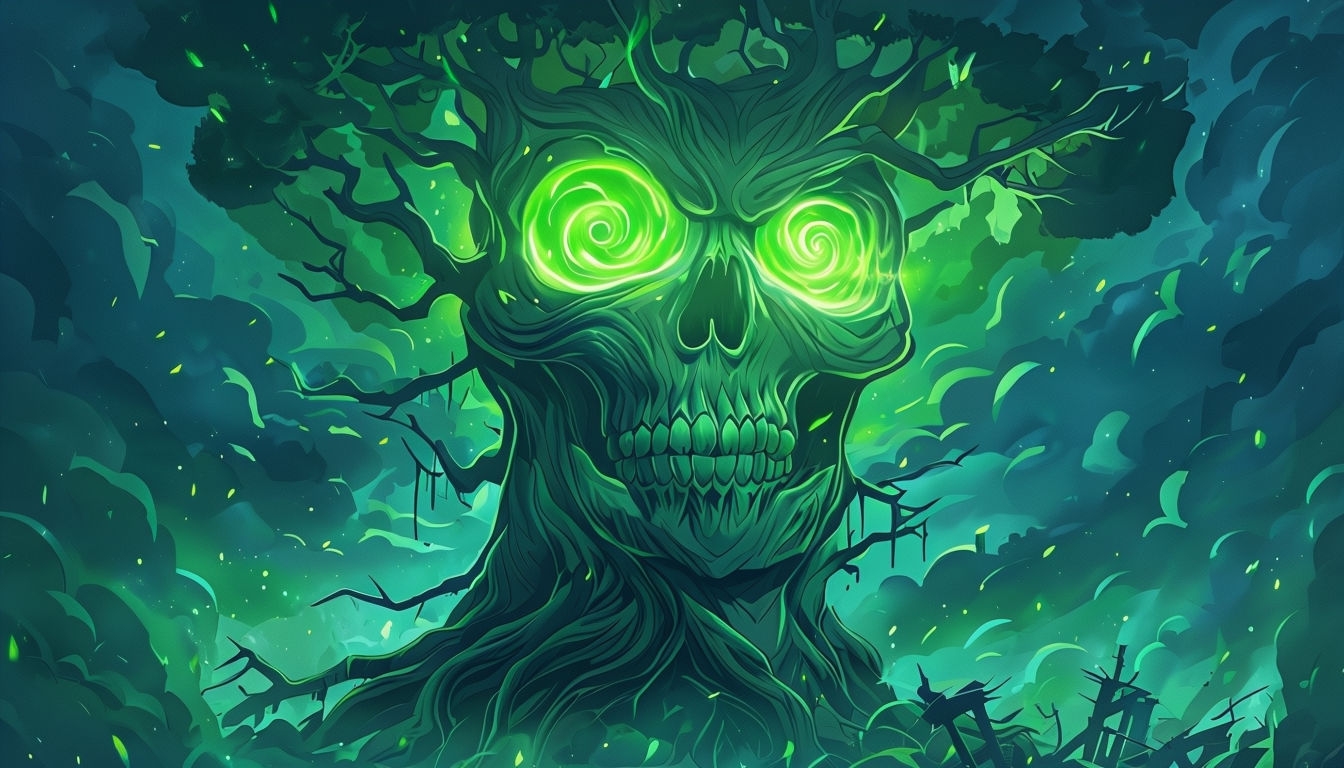 Eerie Ancient Tree with Skull Face and Neon Green Glow Background