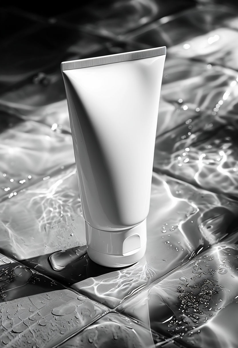 Realistic Plain Cosmetic Tube Mockup on Glossy Grey Tile
