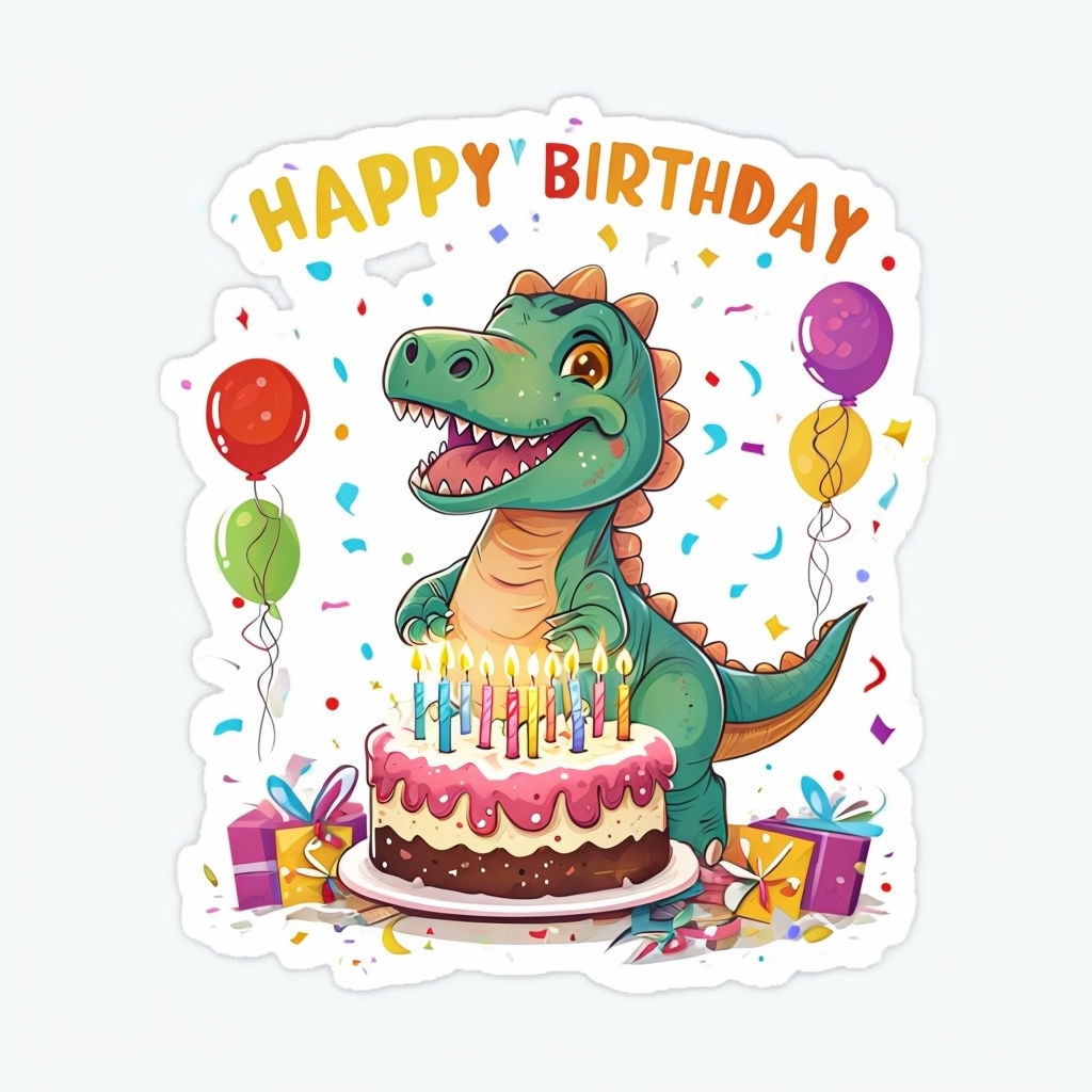 Happy Dinosaur with Birthday Cake and Balloons Sticker