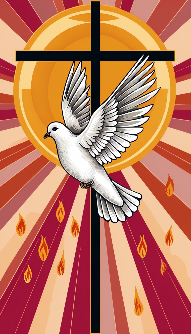 Holy Spirit Dove with Radiant Cross and Flames Digital Artwork Mobile Wallpaper
