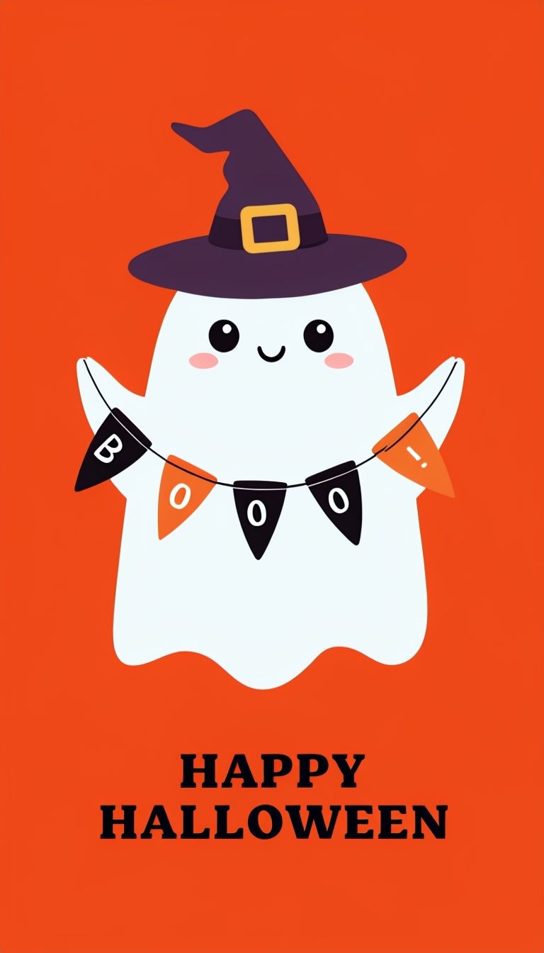 Cute Halloween Ghost with Bunting and Text Poster