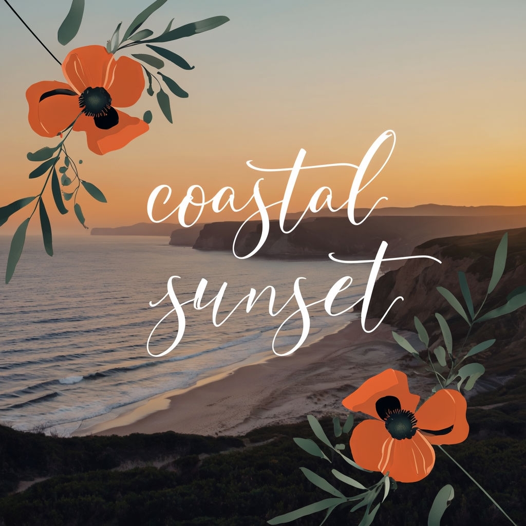 Serene Coastal Sunset Landscape with Poppies and Elegant Script Poster