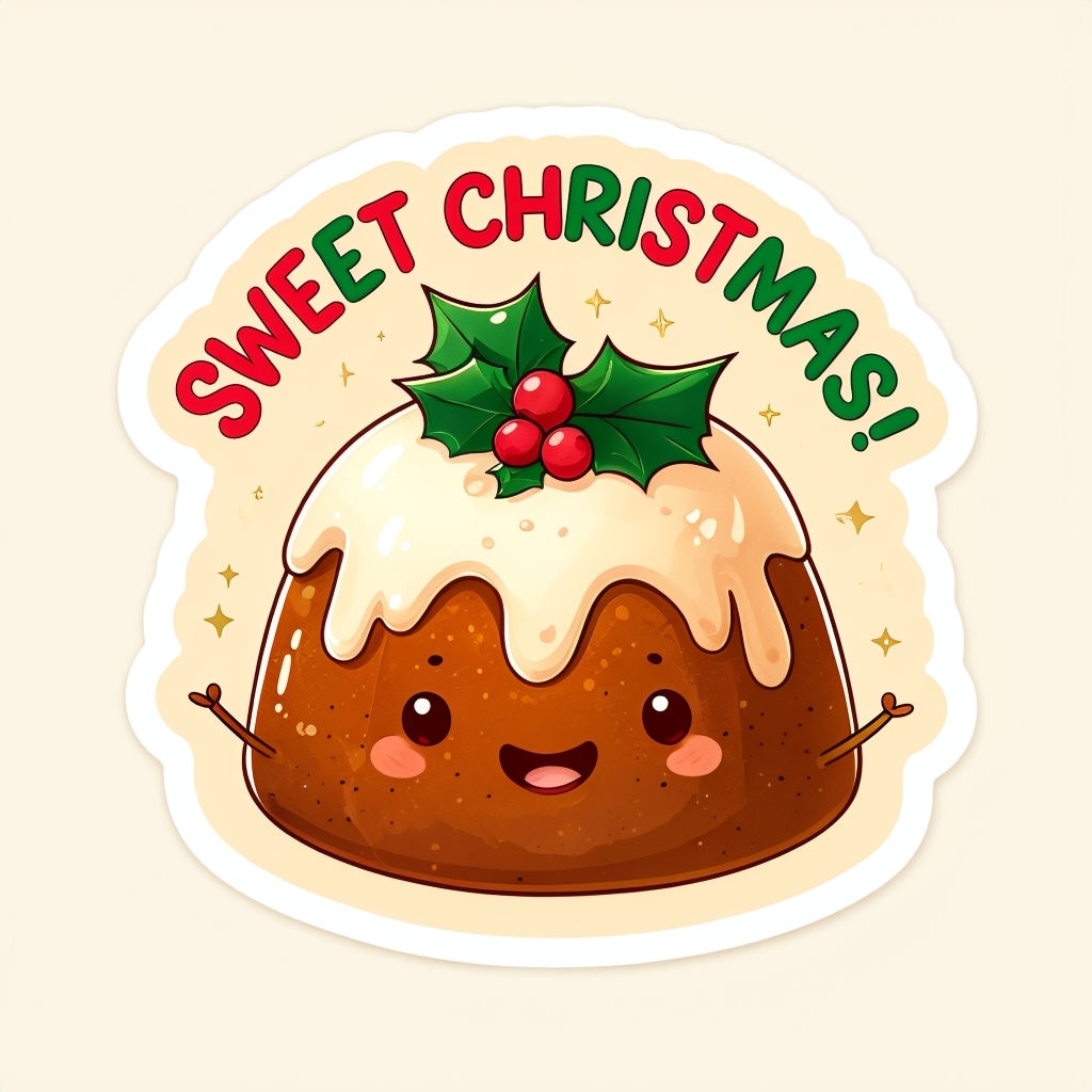 Cheerful Cartoon Christmas Pudding Sticker with Sweet Wishes