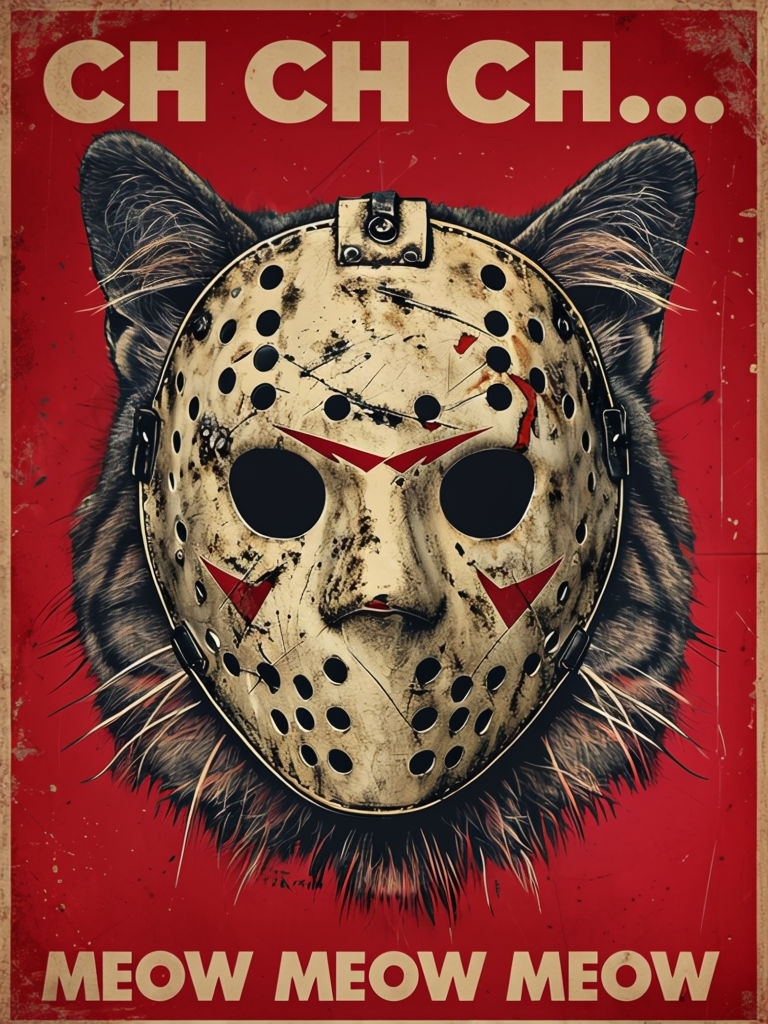 Vintage Horror Cat with Hockey Mask Retro Poster
