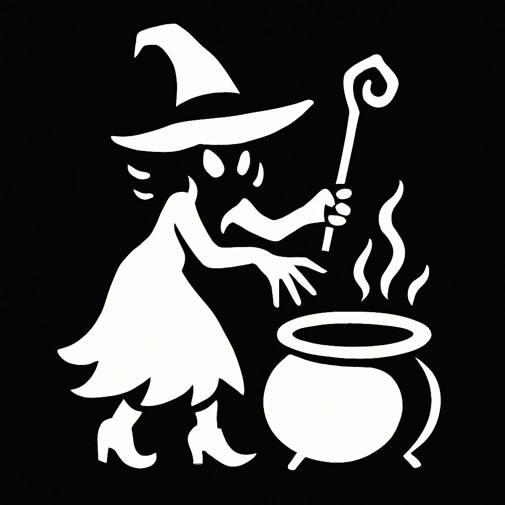 Cartoon Witch Stirring Cauldron Silhouette Halloween Sticker