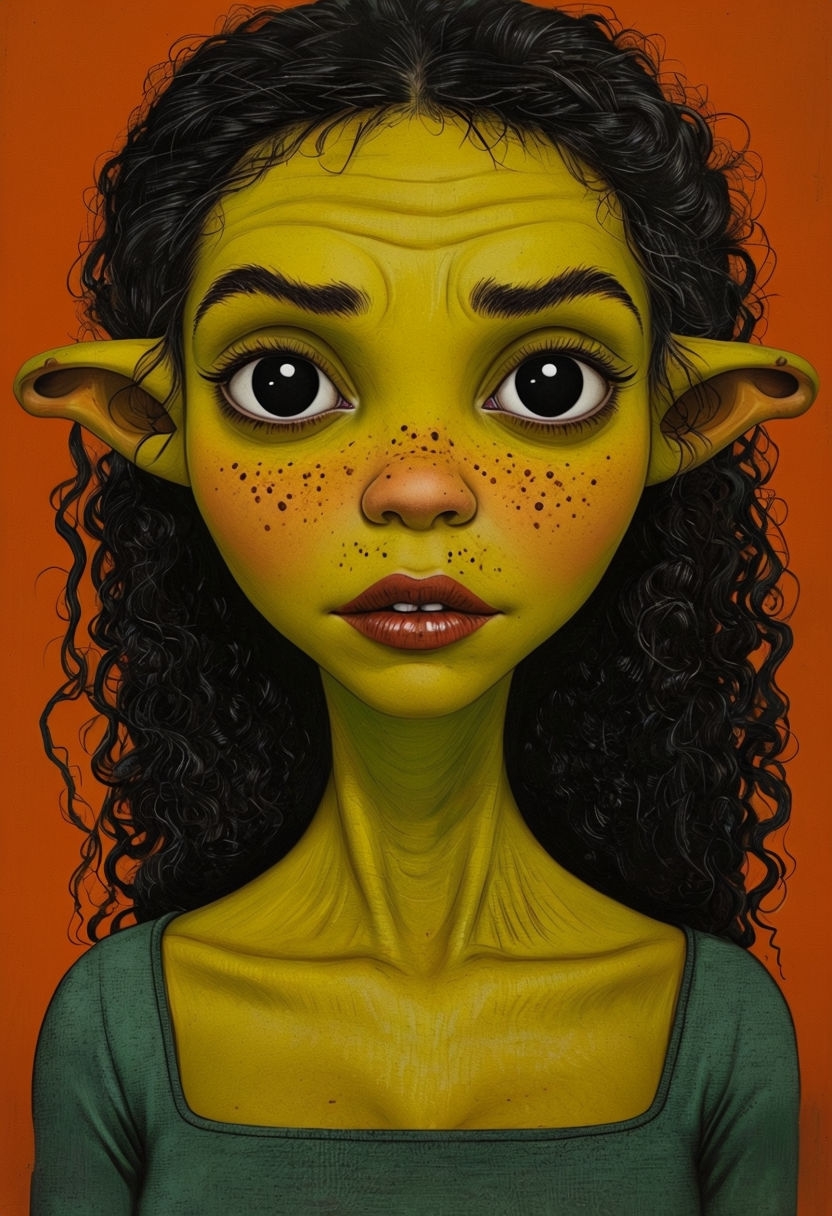 Stylized Portrait of a Yellow-Green Alien Girl Art