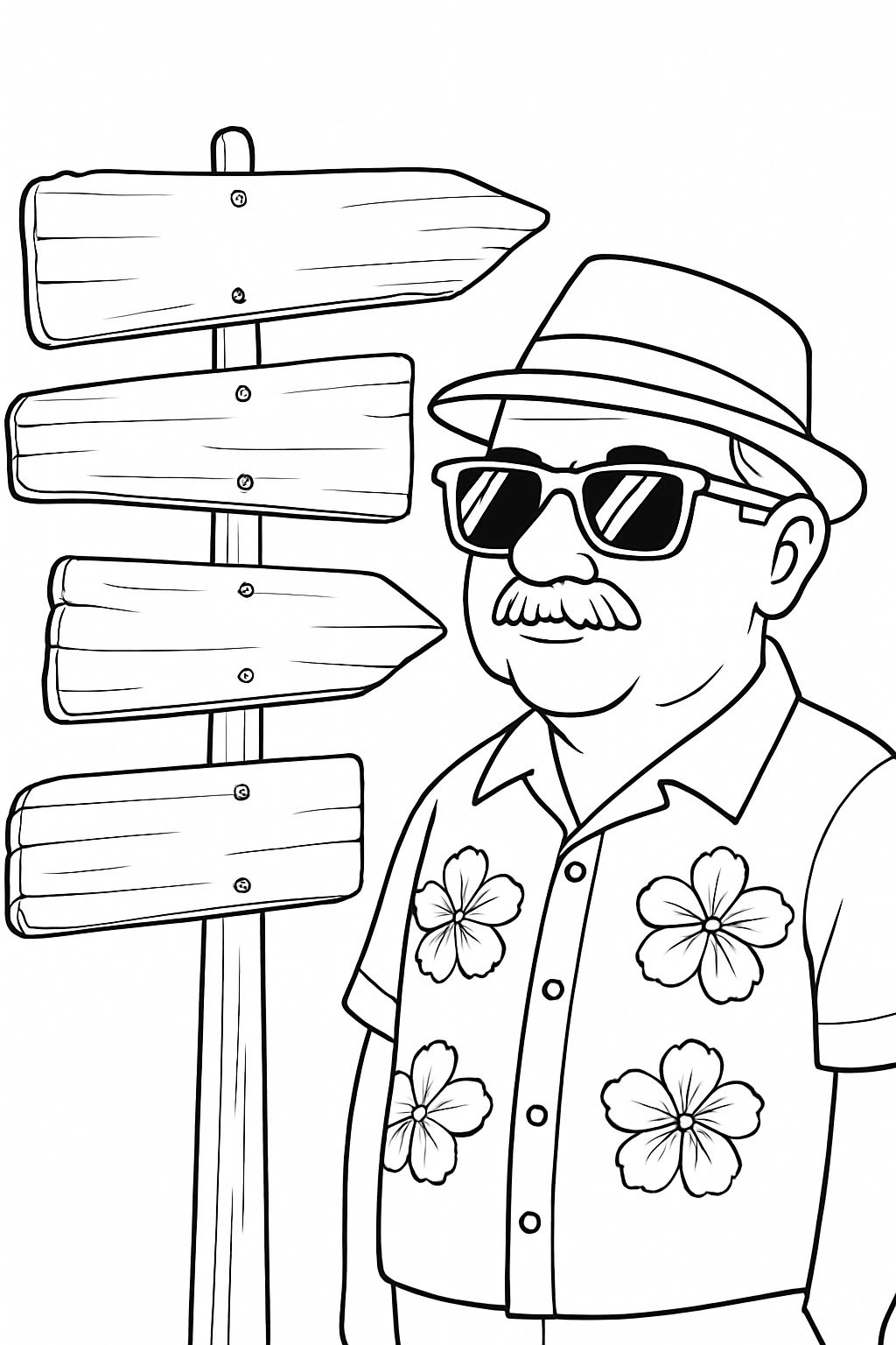 Elderly Man with Hawaiian Shirt and Signpost Line Art Coloring Book Pages