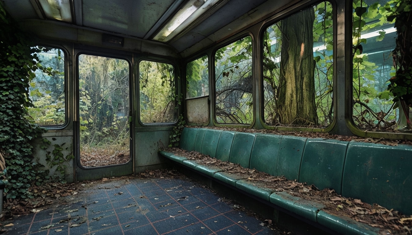 Eerie Abandoned Bus Stop Surrounded by Nature Virtual Background