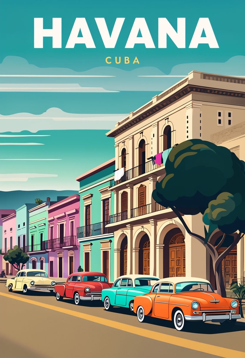 Vibrant Cartoon Havana Street Scene with Classic Cars Poster