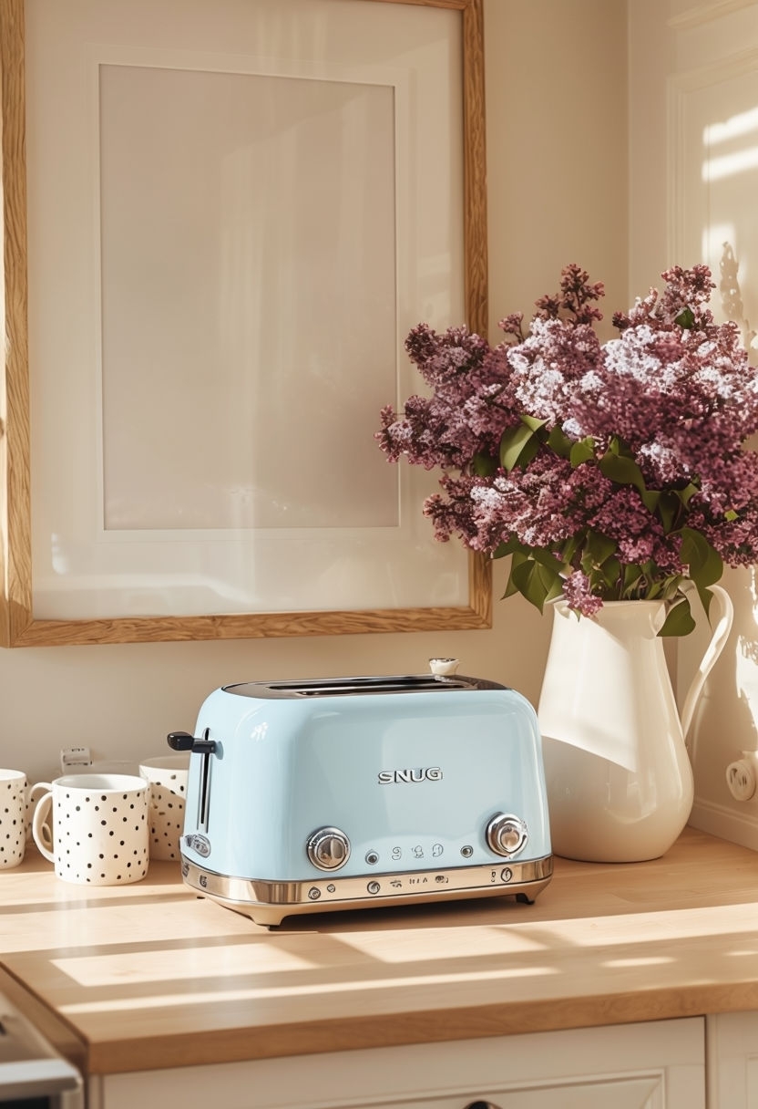 Cozy Kitchen Corner with Lilac Flowers and Snug Toaster Mockup