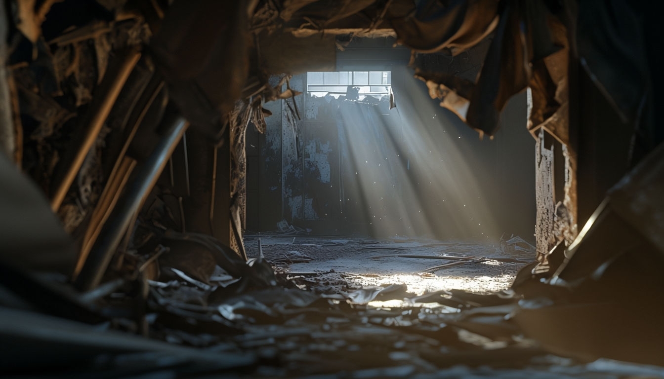 View Through Decaying Objects to Dusty Sunlit Room Virtual Background