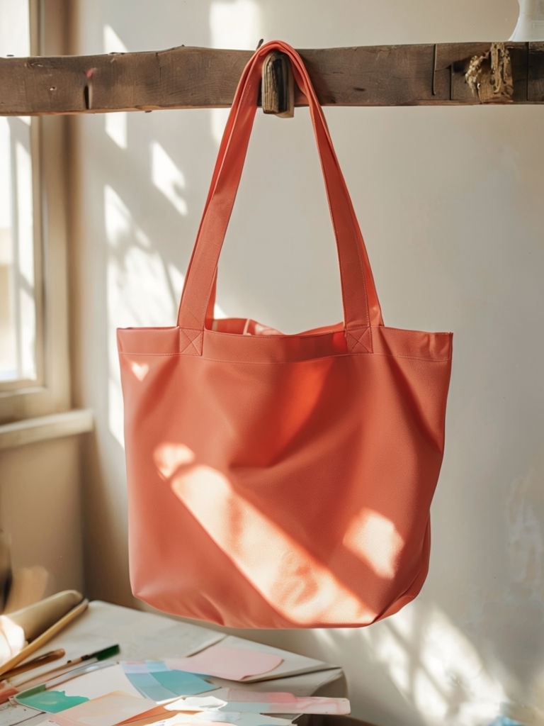 Vibrant Coral Tote Bag in Sunlit Studio Mockup