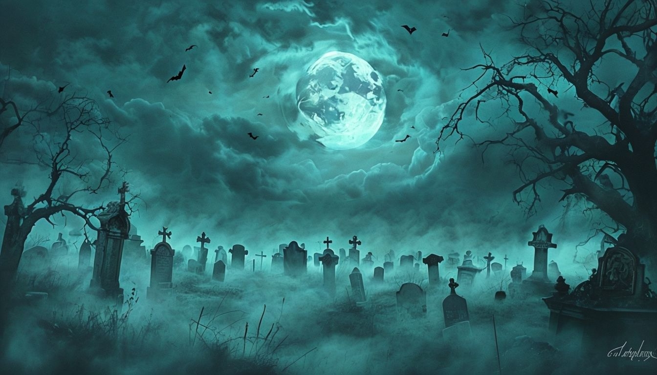 Spooky Cemetery Scene with Eerie Full Moon Virtual Background
