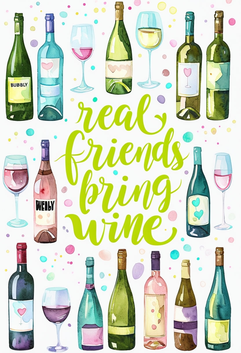 Real Friends Bring Wine Colorful Watercolor Art Poster