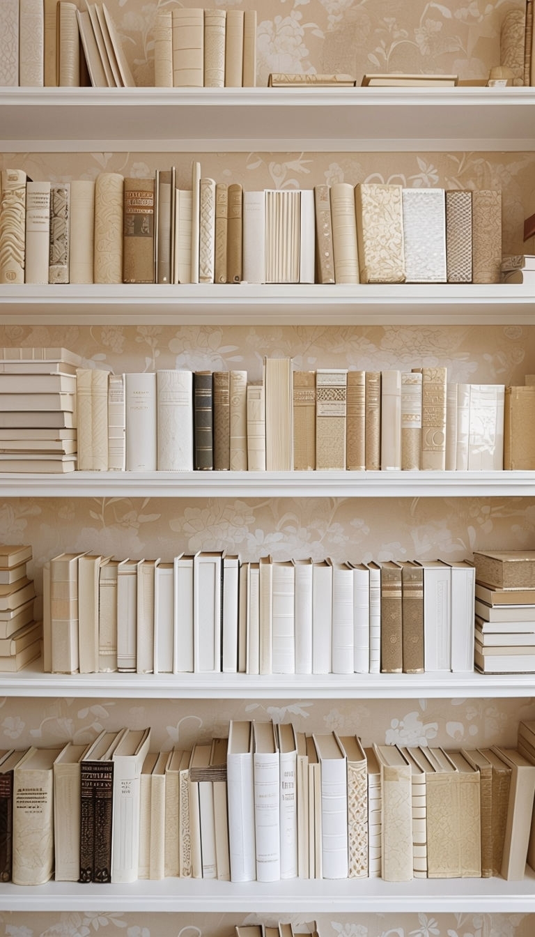 Elegant White Bookshelves Filled with Books Art