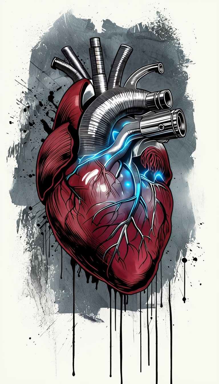 Biomechanical Heart Art with Edgy Elements and Contrast Mobile Wallpaper
