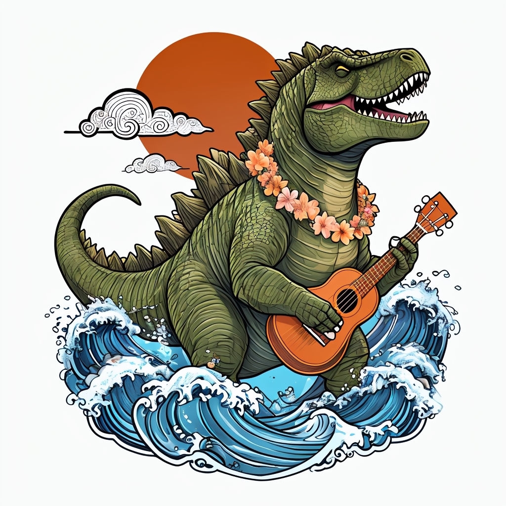 Joyful Cartoon Dinosaur with Ukulele in Ocean Waves Mug