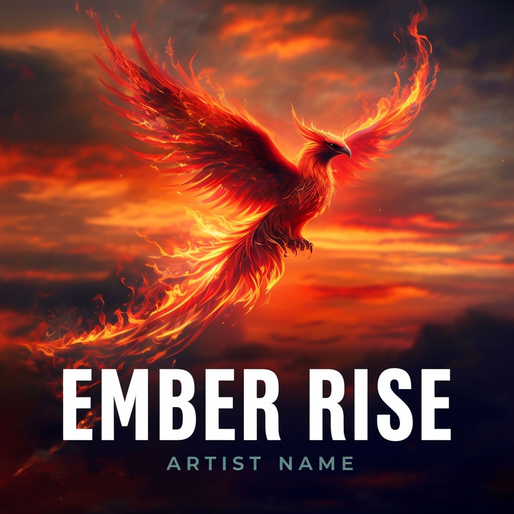 Majestic Phoenix Ember Rise Album Cover with Fiery Sunset Sky