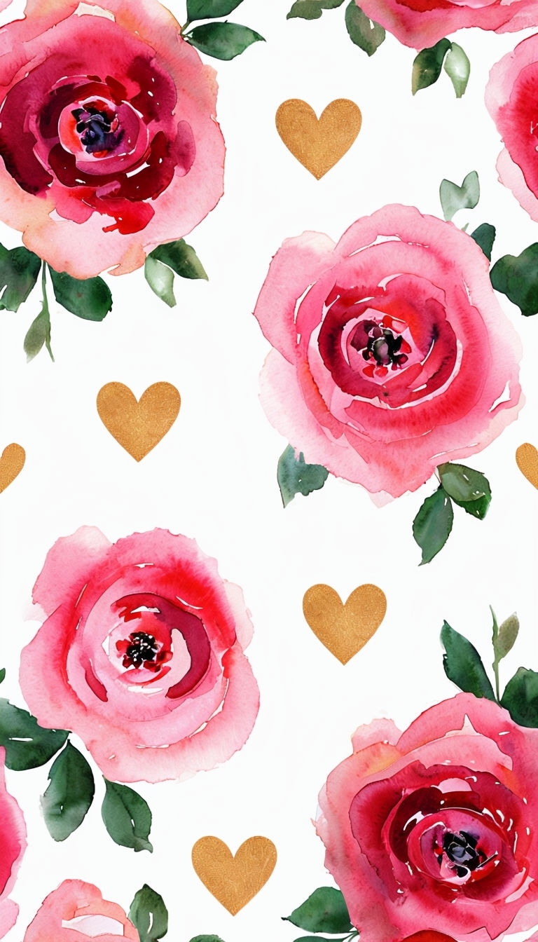 Romantic Watercolor Roses and Golden Hearts Phone Case Cover