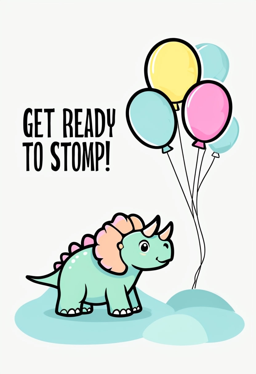 Vibrant Cartoon Triceratops Birthday Card Design with Balloons