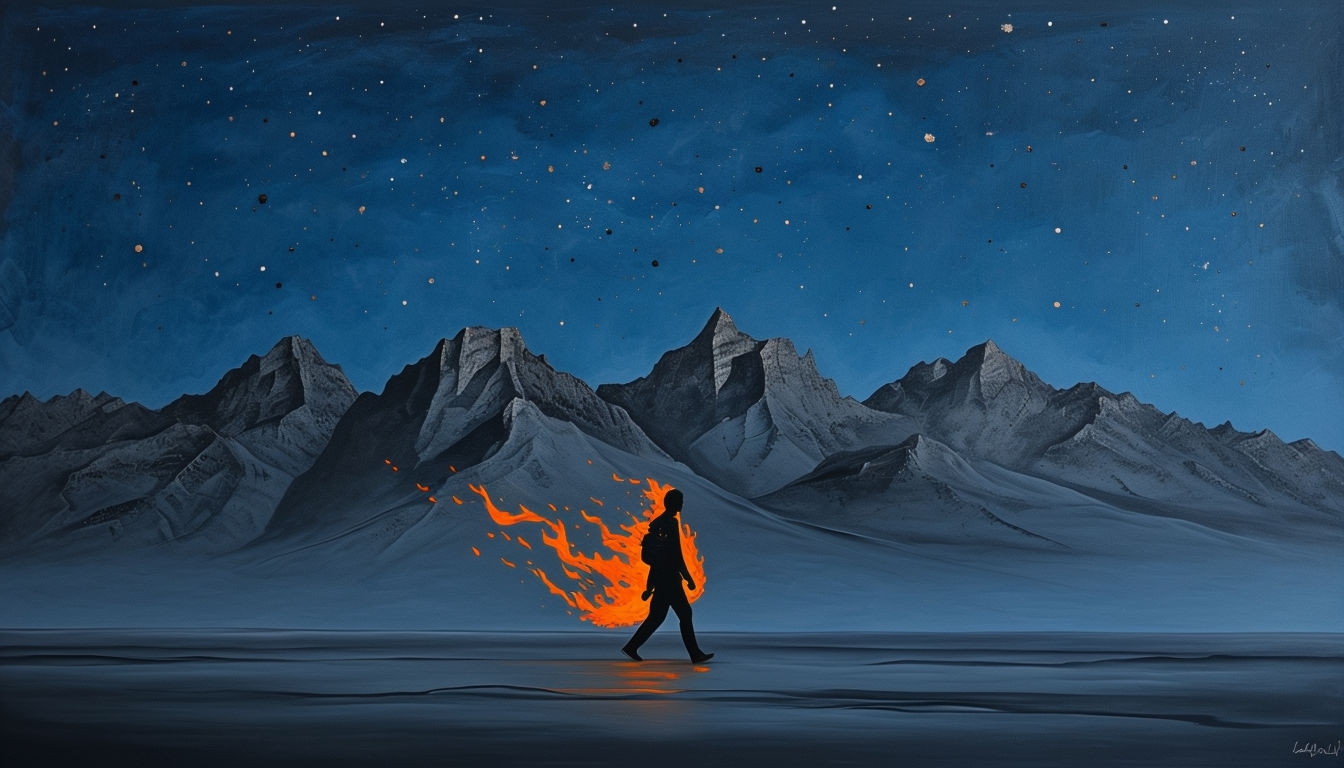 Solitary Figure Surrounded by Flames in a Dark Landscape Background