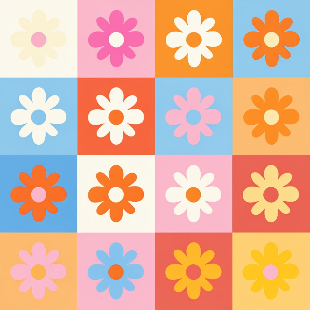 Vibrant Retro Flower Grid Pattern with Pastel Checkerboard Background Seamless Pattern