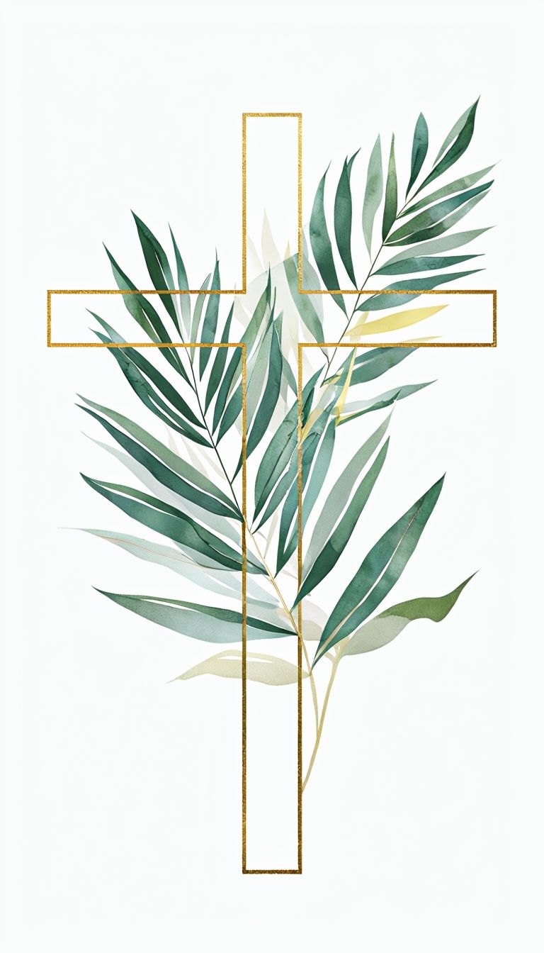 Golden Cross with Botanical Elements Minimalist Artwork Mobile Wallpaper