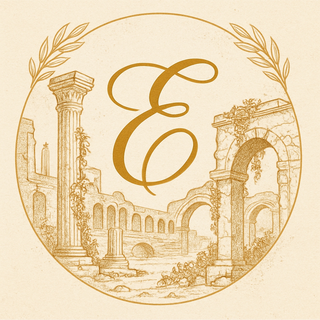 Vintage Golden Letter E with Roman Architecture T-Shirt