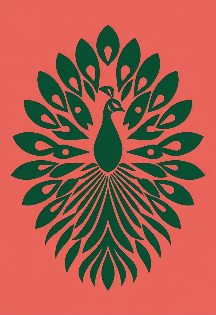 Minimalist Emerald Green Peacock on Coral Red Background Poster