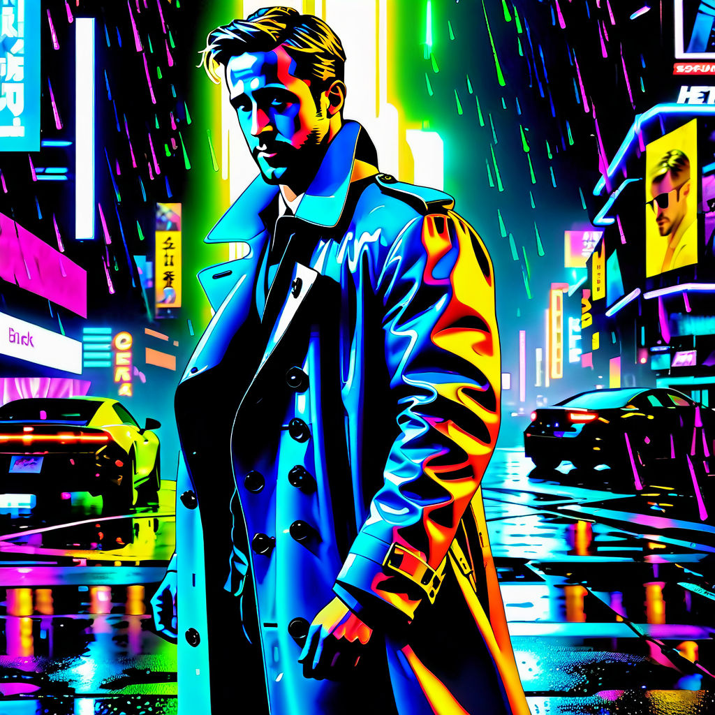 Ryan Gosling standing on a neon-lit by Dawid Malinowski - Playground