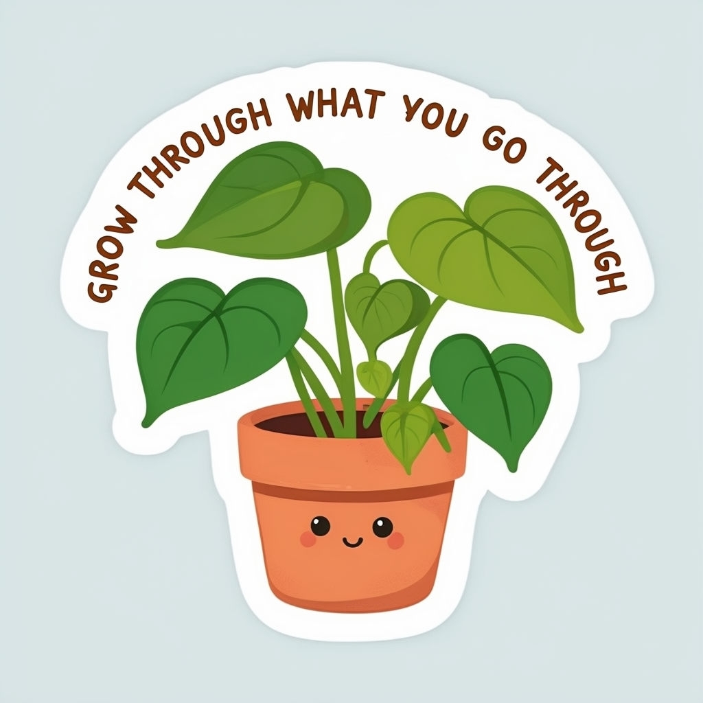 Cheerful Potted Plant with Motivational Quote Sticker