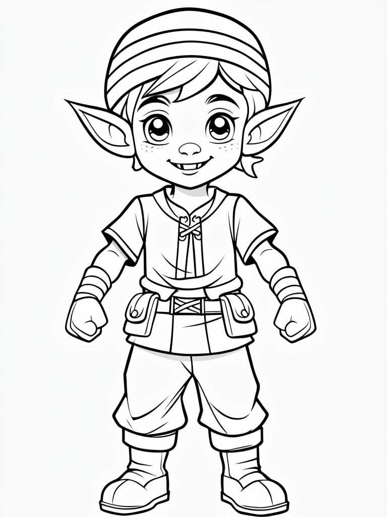 Cheerful Cartoon Elf Character Line Drawing Coloring Page