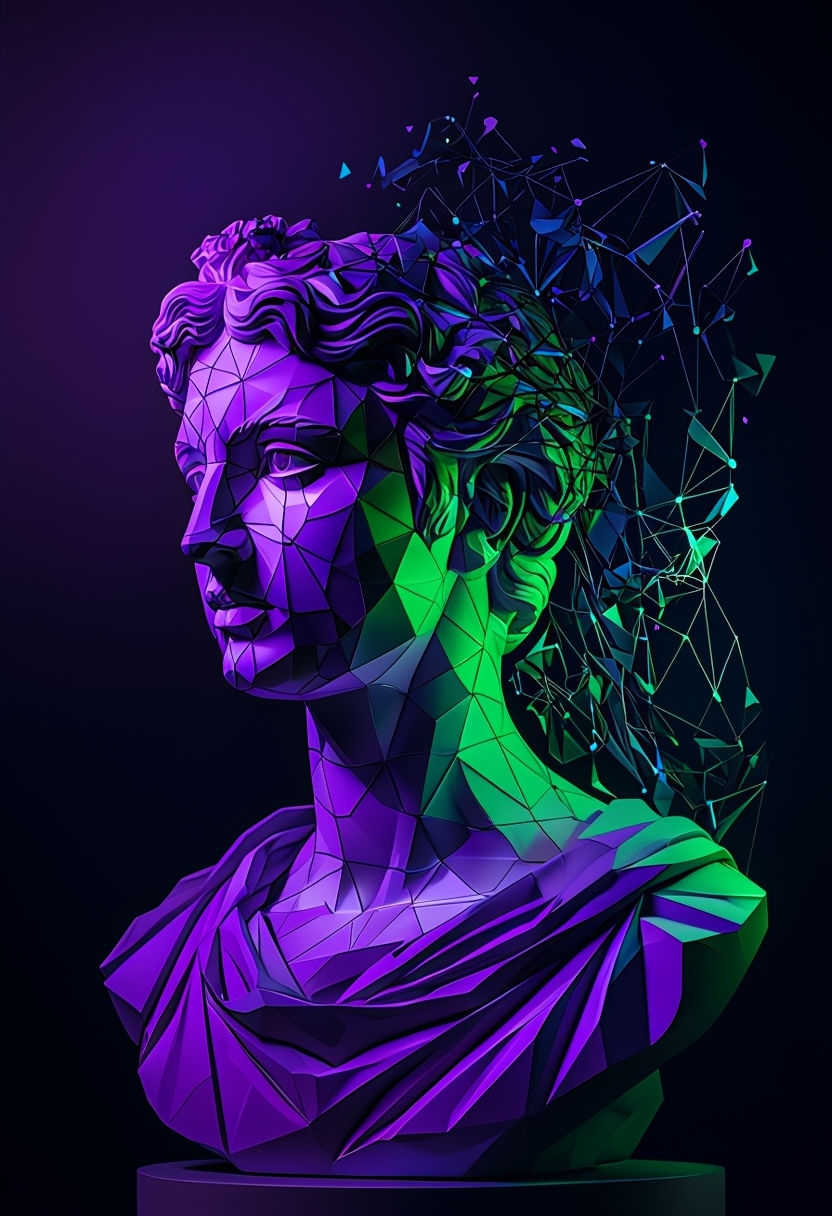 Vibrant Geometric Bust Sculpture with Dynamic Aura Art