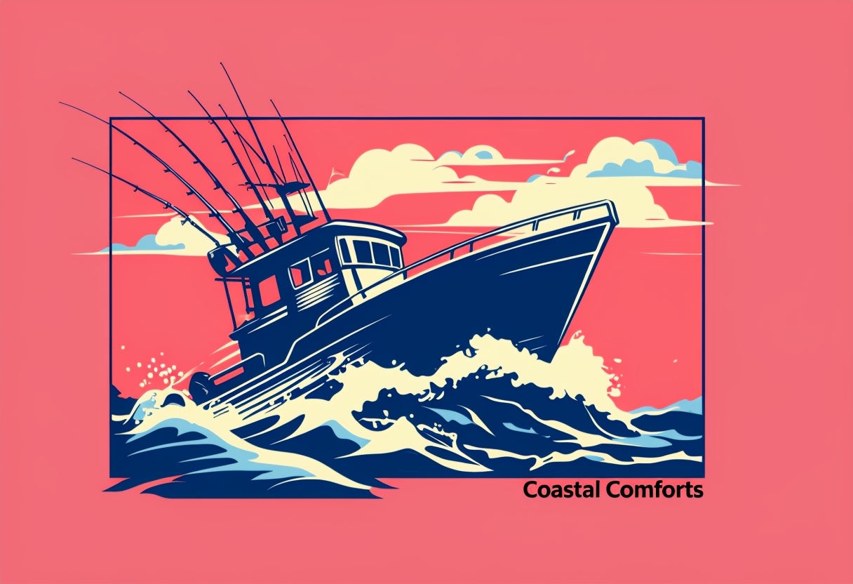 Dynamic Deep Blue Fishing Boat Illustration T-Shirt