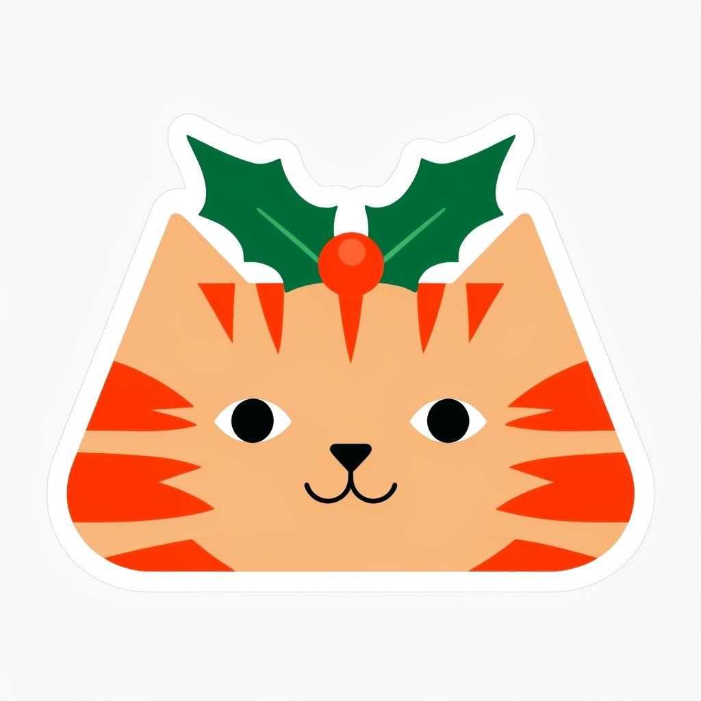 Festive Cartoon Cat Face Illustration with Holly Leaves Sticker