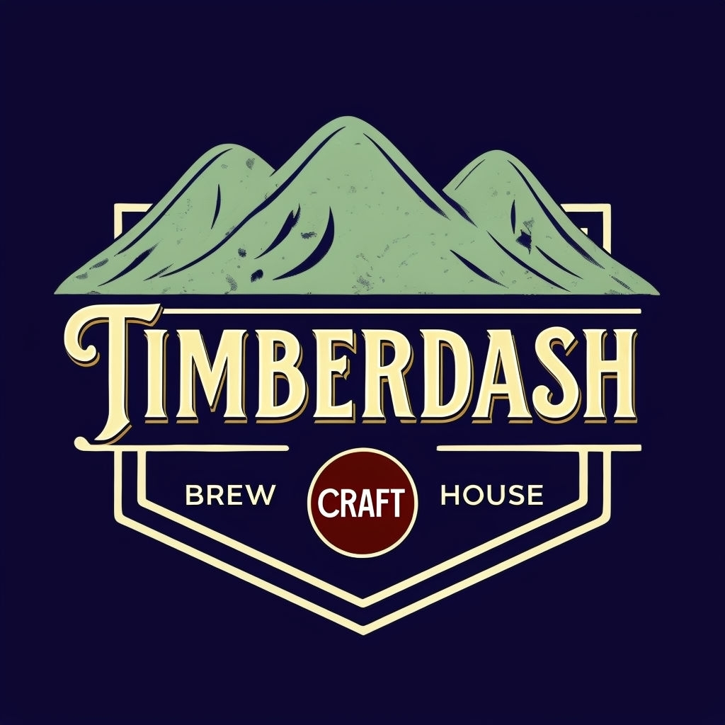 Vintage Timberdash Brew House Logo with Forest and Shield Design