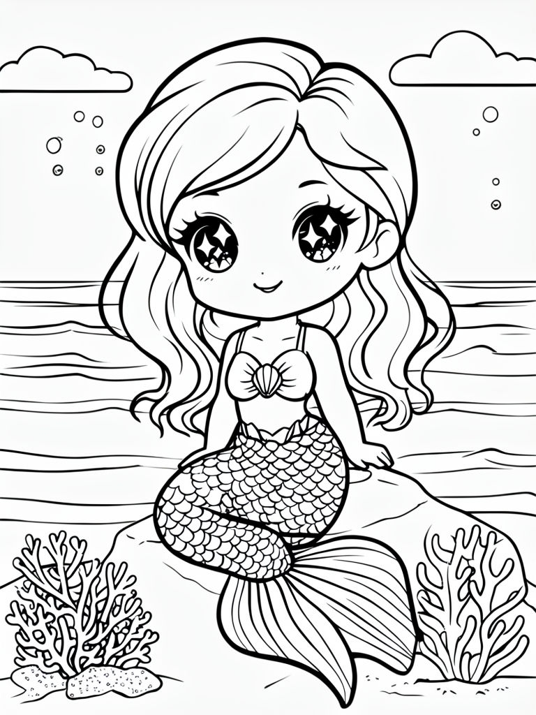 Cute Chibi Mermaid Cartoon Illustration for Coloring Book Pages