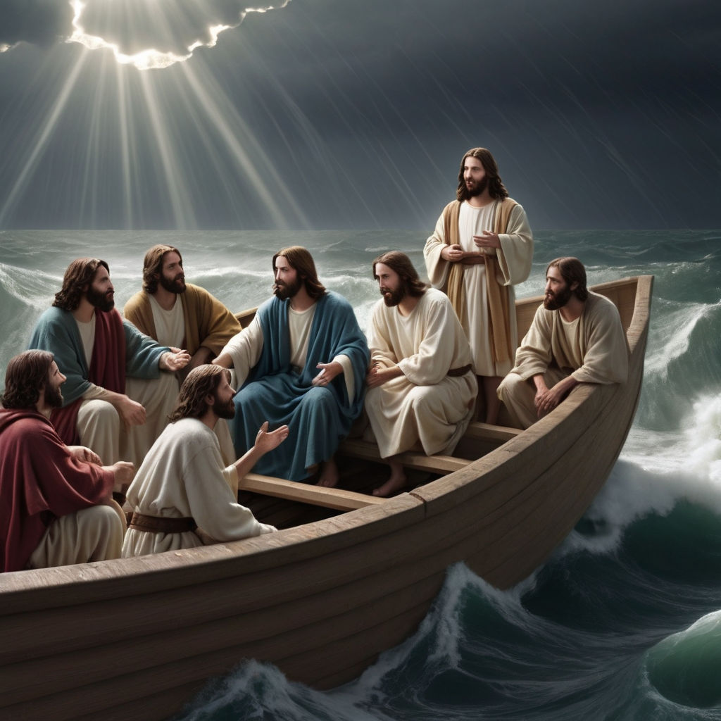 Jesus and his disciples in a boat he tells the storm to stop... by ...