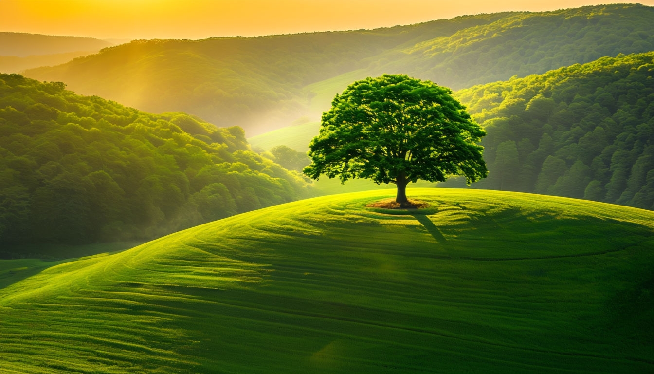 Serene Golden Hour Landscape with Lone Tree Virtual Background