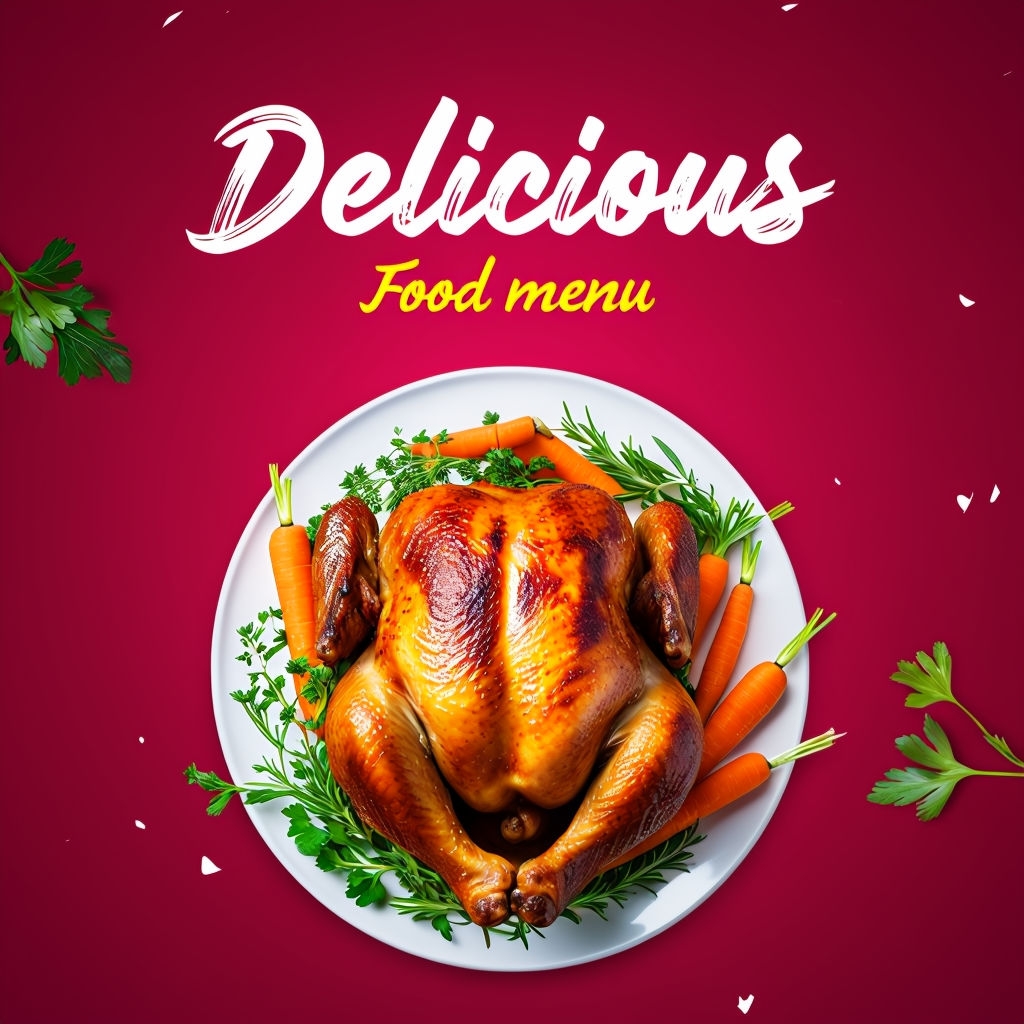 Vibrant Roasted Chicken Menu Advertisement for Delicious Dining Social Media Post