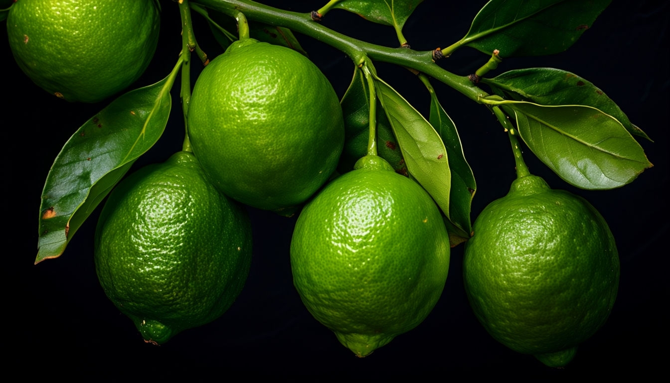Vibrant Lime Branch Close-Up Against Black Background Image for Virtual Backgrounds