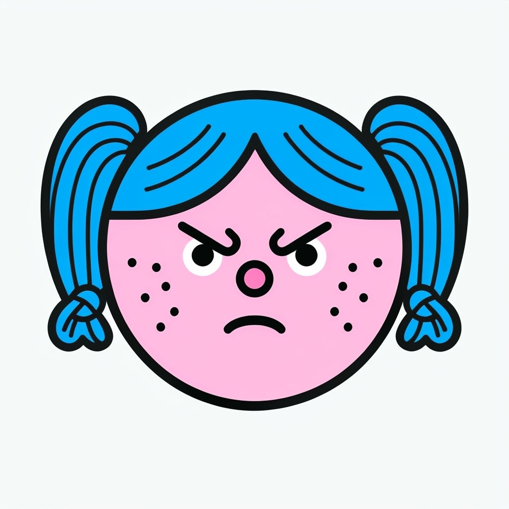 Angry Cartoon Face with Blue Pigtails Illustration Sticker