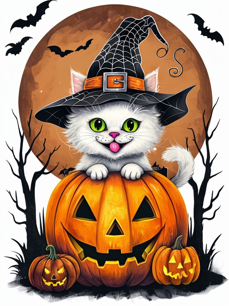 Whimsical Halloween Cat on Pumpkin Illustration Art