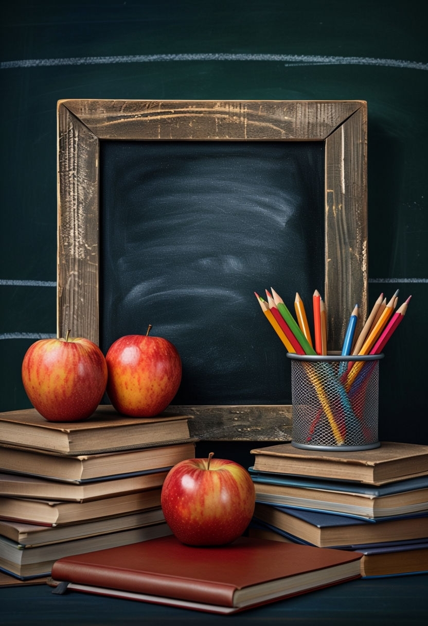 Educational Still Life with Blackboard and Fresh Apples Art