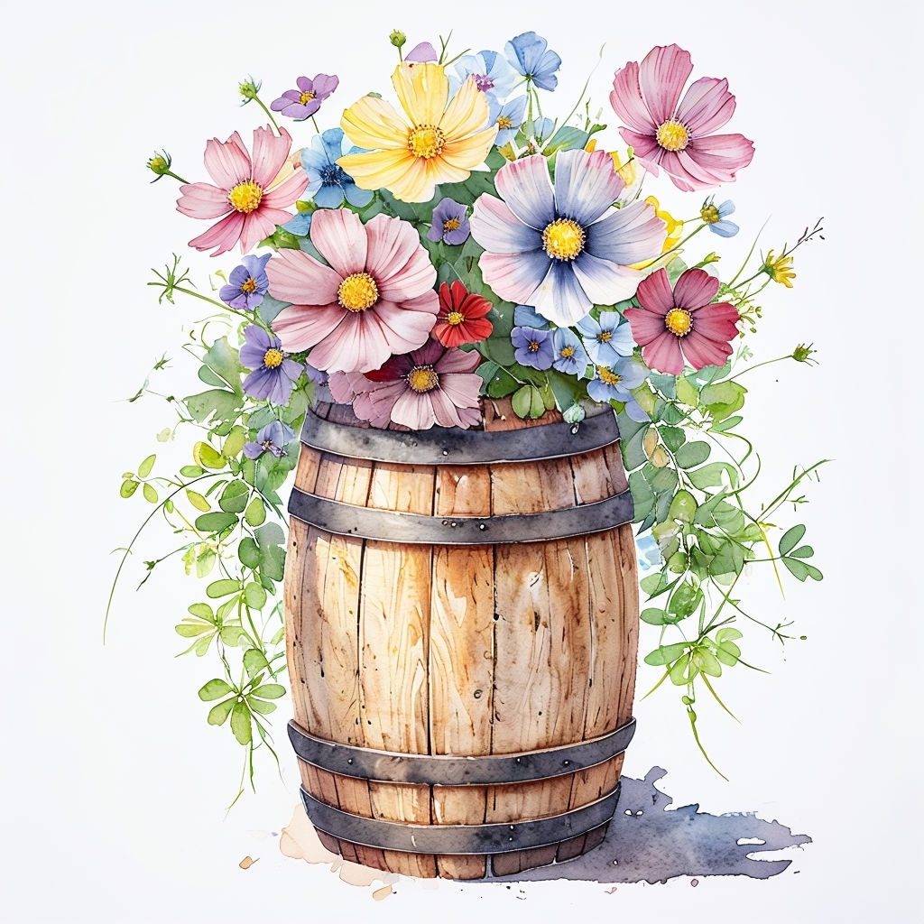 Rustic Wooden Barrel with Vibrant Flowers Watercolor Mug