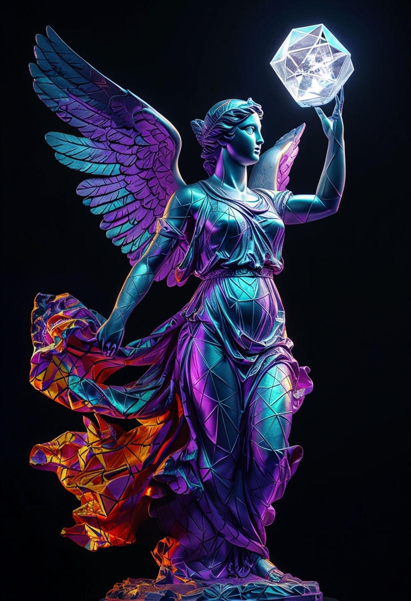 Hyperrealistic Winged Victory Statue with Geometric Patterns Art